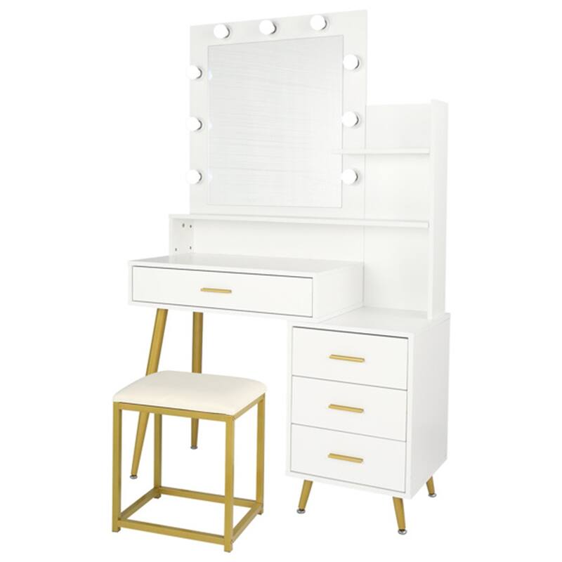 Vanity Set with LED Bulbs and Cushioned Stool