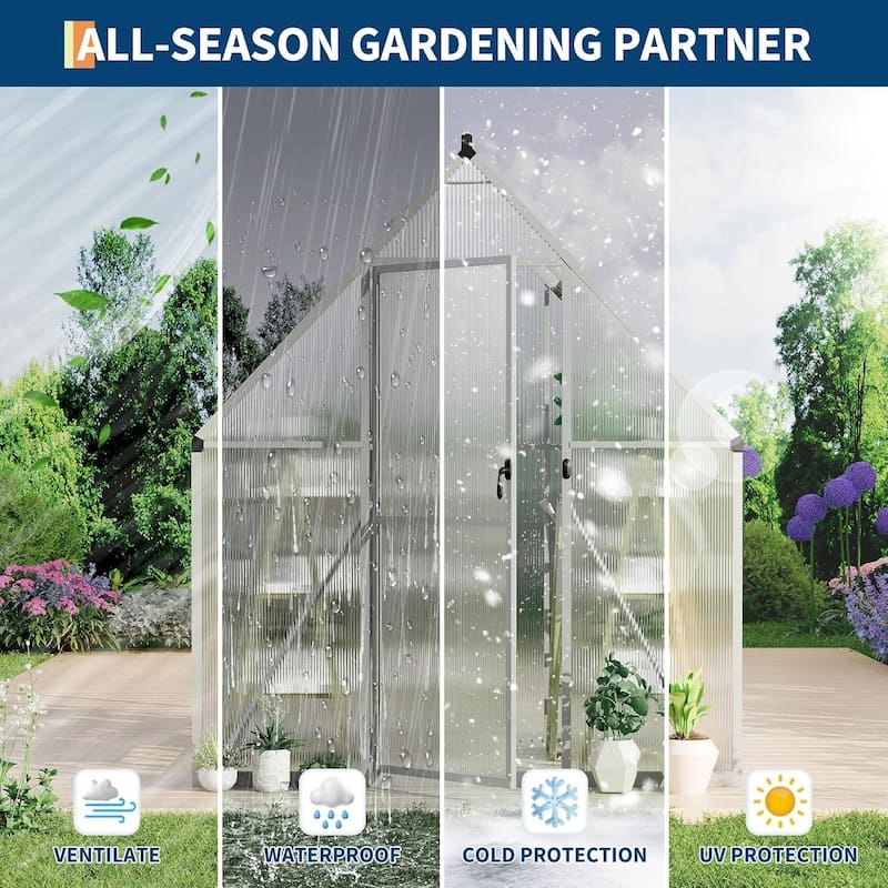 6 x 4 ft Greenhouse, Polycarbonate Walk-in Greenhouse with Aluminum Frame Sliver - 6*4FT