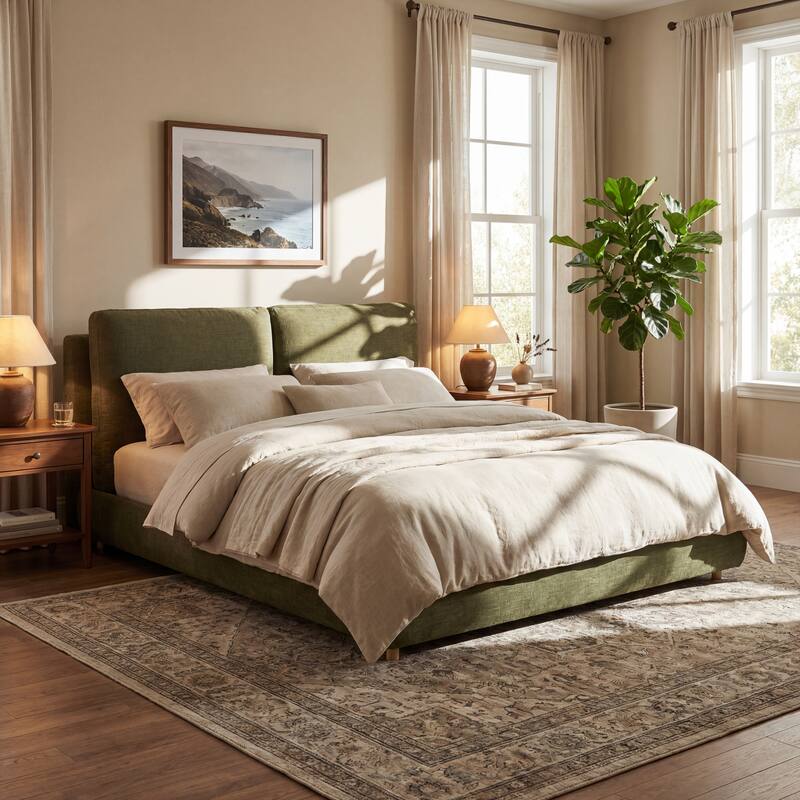 Christopher Knight Home - Charlotte Upholstered Boucle Platform Bed with Removable Pillow Headboard - Olive Green - California King