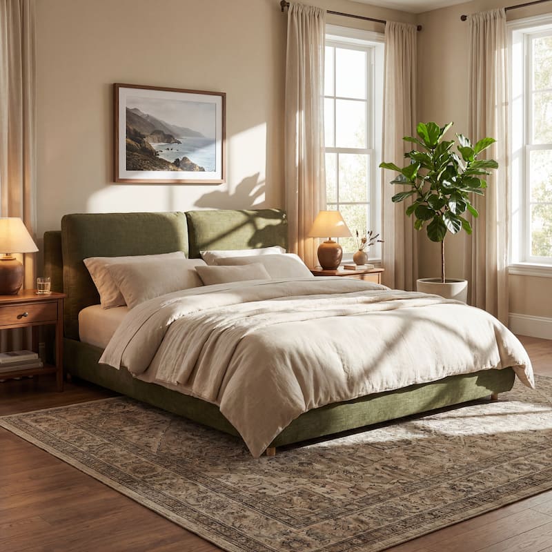 Christopher Knight Home - Charlotte Upholstered Platform Bed with Removable Pillow Headboard - Olive Green - California King