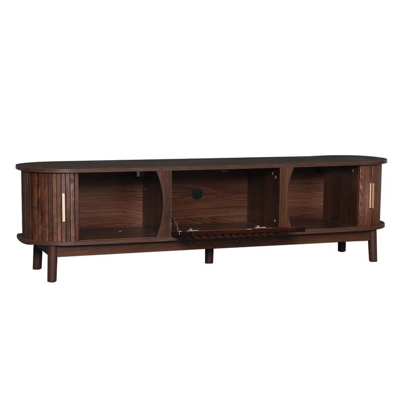 Farmhouse Curved TV Stand Entertainment Center for 75" TVs, Sliding Doors Television Cabinet Dark Brown TV Console Table