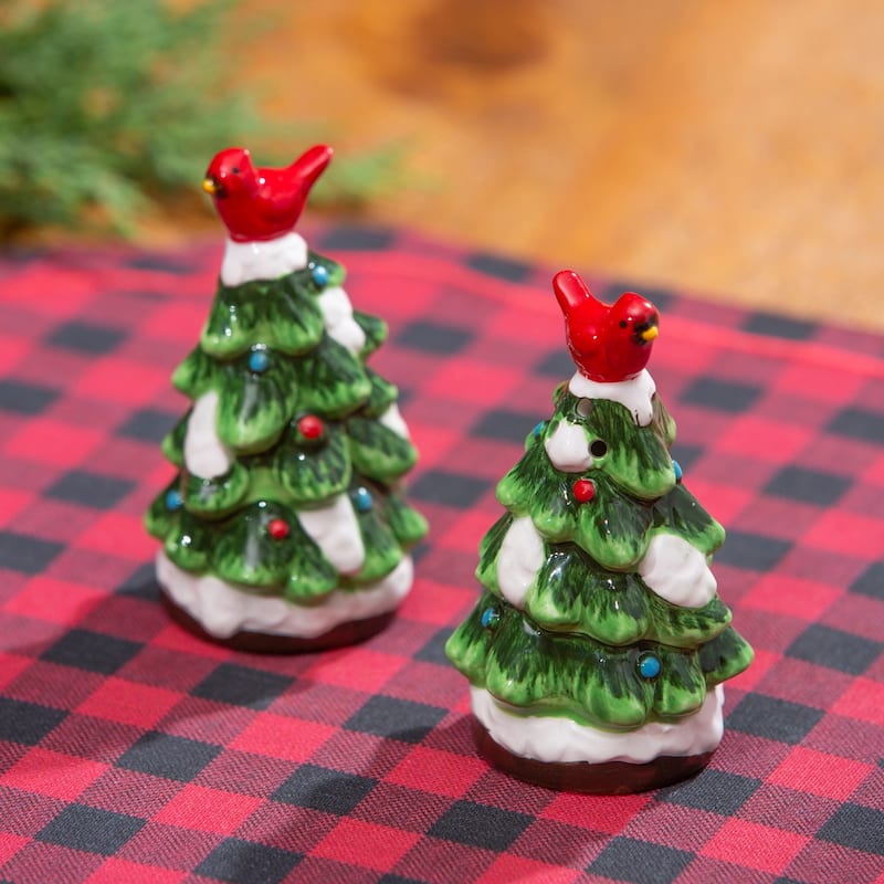Ceramic Christmas Tree with Cardinal Salt and Pepper Shaker Set
