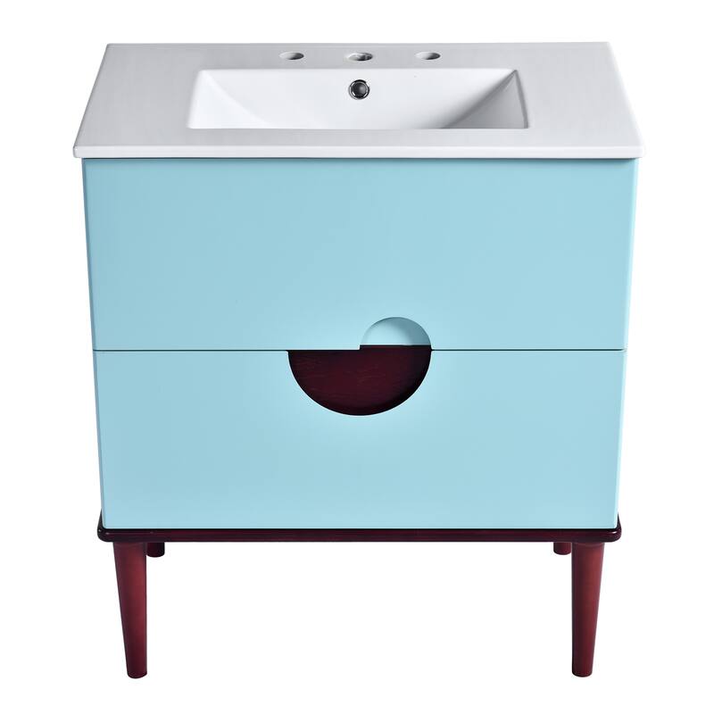 30'' Bathroom Vanity Cabinet with Ceramic Sink Combo Set, Solid Wood Frame Modern Bathroom Storage Cabinet with 2 Drawers, Blue