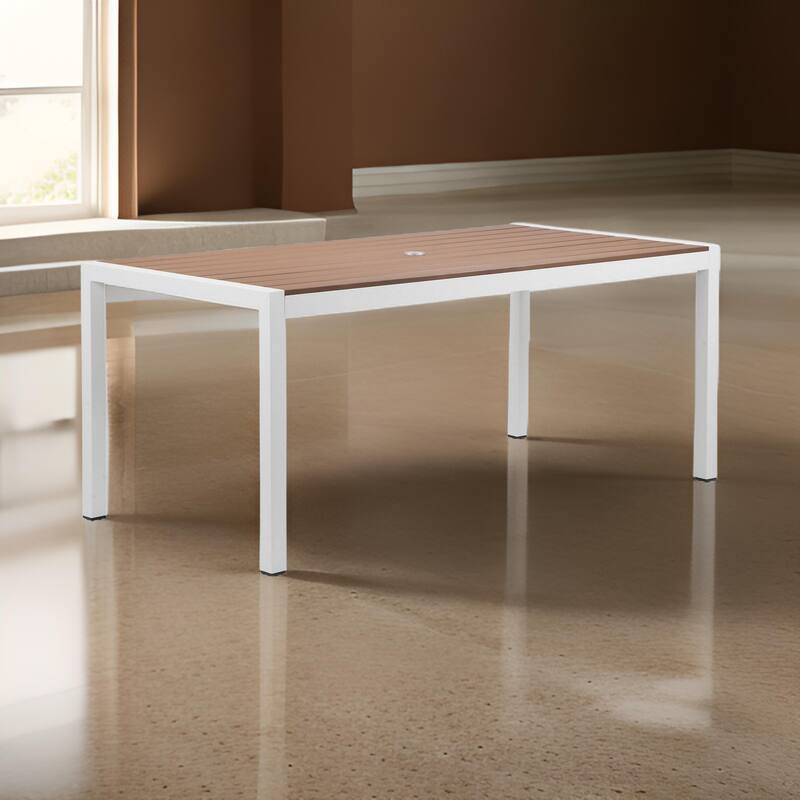 Fifi 71 Inch Outdoor Dining Table, Brown Polyresin Top, White Metal Frame