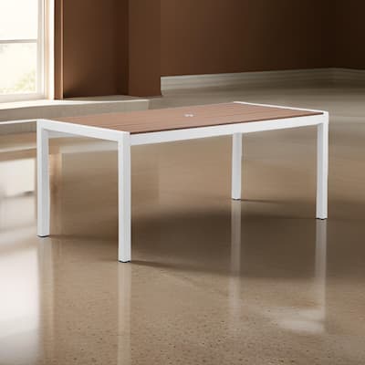 Fifi 71 Inch Outdoor Dining Table, Brown Polyresin Top, White Metal Frame