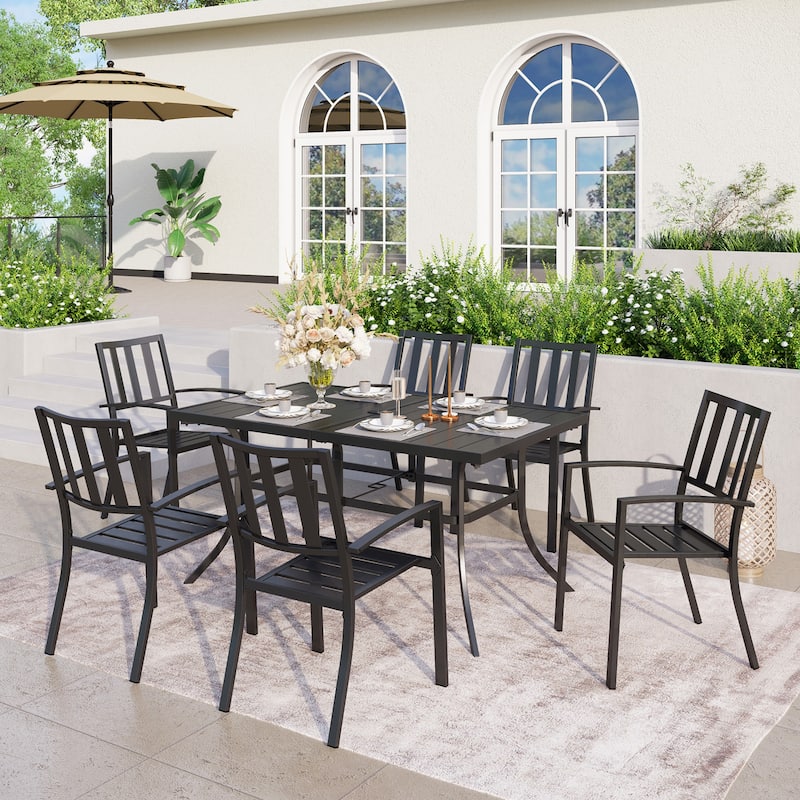 MAISON ARTS Patio Dining Set 7 Piece Metal Rectangle Patio Table with 2.6" Umbrella Hole and 6 Metal Dining Chairs, Black - Modern Chairs