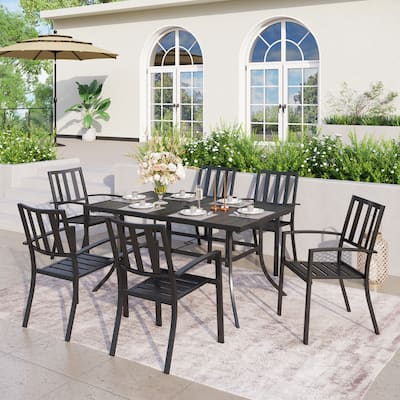 MAISON ARTS Patio Dining Set 7 Piece Metal Rectangle Patio Table with Umbrella Hole and 6 Metal Dining Chairs