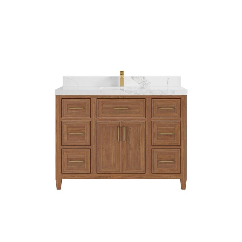 Willow Collections 48 in. W x 22 in. D Santa Monica Teak Single Sink Bathroom Vanity with Countertop - 2”Calacatta Nuvo - Dark Natural teak