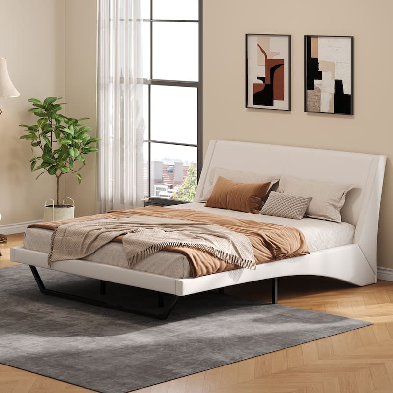 Wave-Like Curve Design Platform Bed Pu Leathe Upholstered Bed Frame Wooden Slat Support - White - King