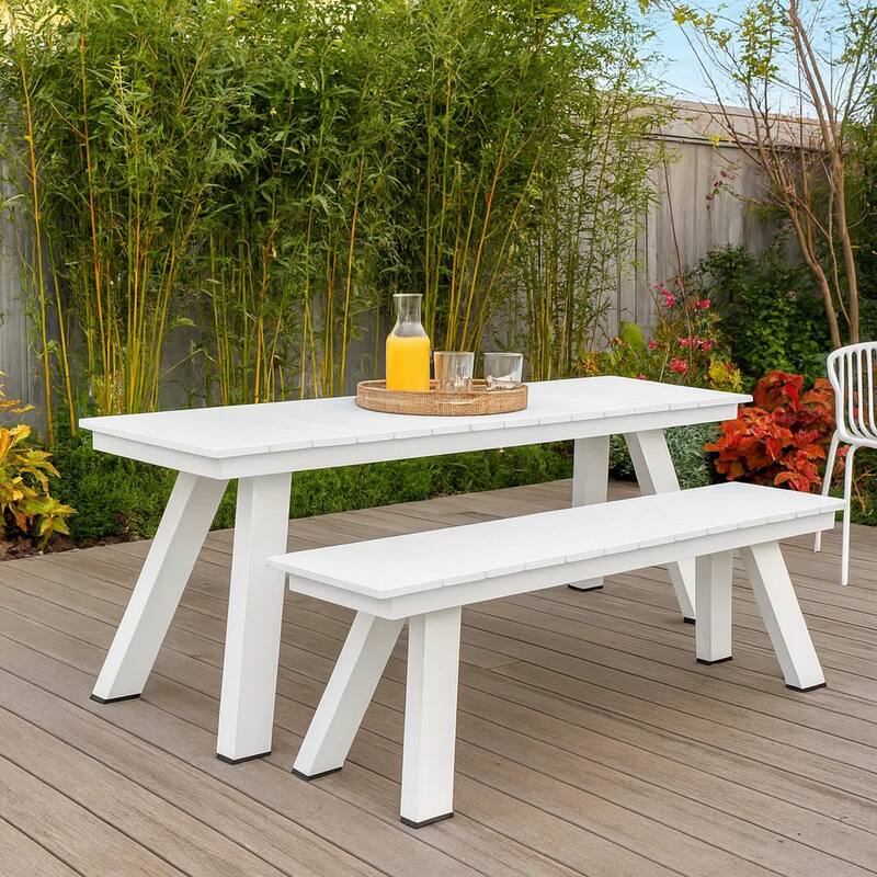 Zia 54 Inch Outdoor Dining Bench, White Polyresin Top, White Aluminum Frame