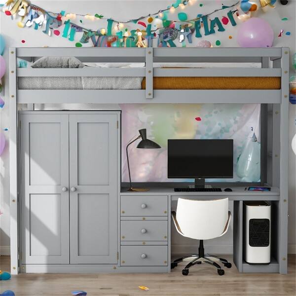 slide 2 of 12, Twin Size Loft Bed with Wardrobe and Desk Grey