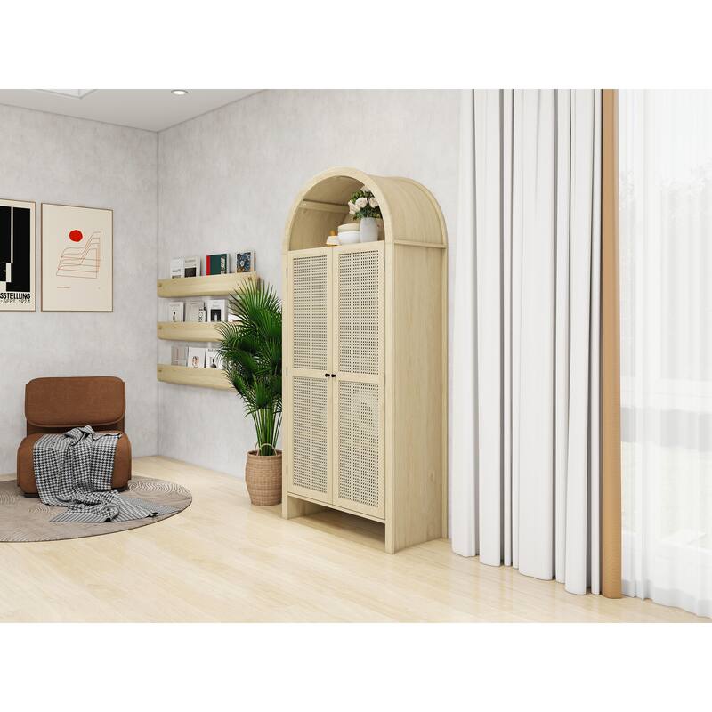 Wooden Arched Kitchen Pantry Cabinet, Storage Cabinet with 2 Rattan Doors, Freestanding Cupboard with 2 Adjustable Shelves