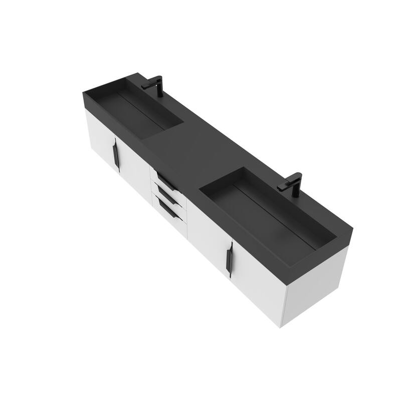 Amazon 84" Wall Mounted Double Bathroom Vanity Set w/ Black Top