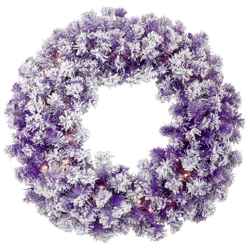 Pre-Lit Flocked Pine Artificial Christmas Wreath - 24" - Purple - Clear Lights