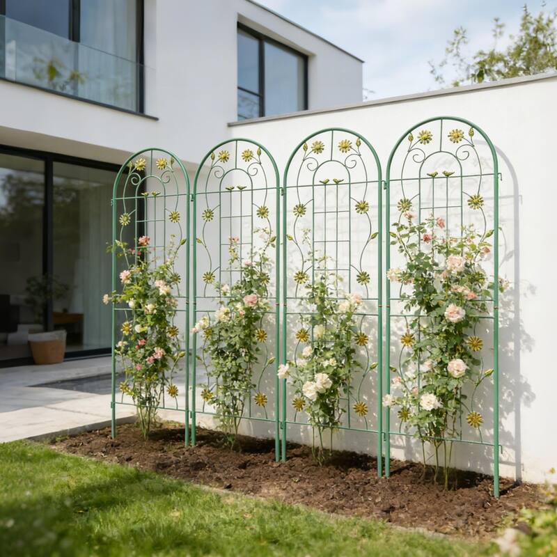 Anmytek Decorative Metal Garden Trellis Set of 2 with Arch Top Daisy Motifs Green Weather Resistant Climbing Plant Support