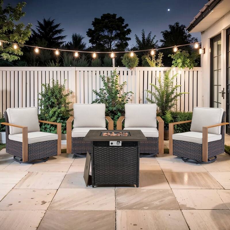Pocassy Outdoor 30" Fire Pit Table with Sofa Swivel Chair Set - Brown Wicker Beige Cushion - 5-Piece Swivel Chair with Suqare Fire Table