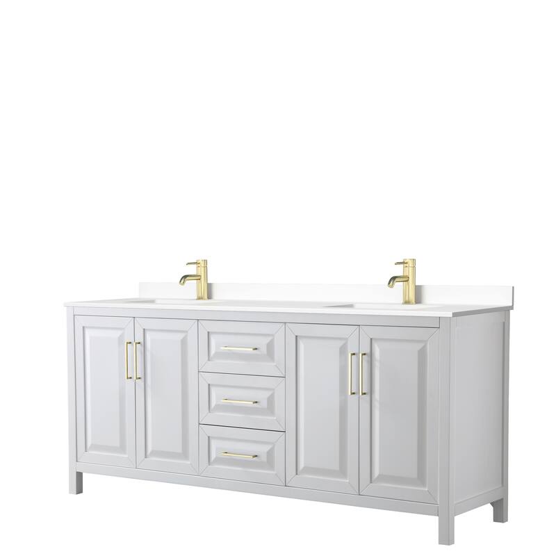 Daria 80 Inch Double Vanity, Cultured Marble Top - White, Gold Trim, White Cultured Marble Top