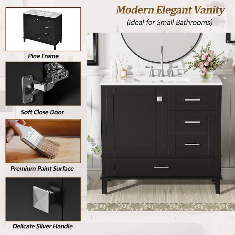 36" Bathroom Vanity with Ceramic Sink, Solid Pine Frame, Soft-Close Door & 3 Drawers - Modern Freestanding Cabinet