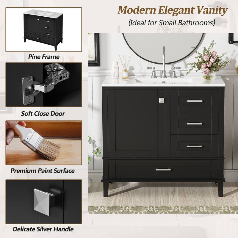 Bathroom Vanity with Sink, Bathroom Cabinet with Solid Wood Frame, Storage Cabinet with Soft Closing Door and 3 Drawers