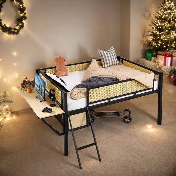 slide 2 of 15, Full Size Metal Loft Bed with Desk,LED Lights,Storage Shelves Black+Natural