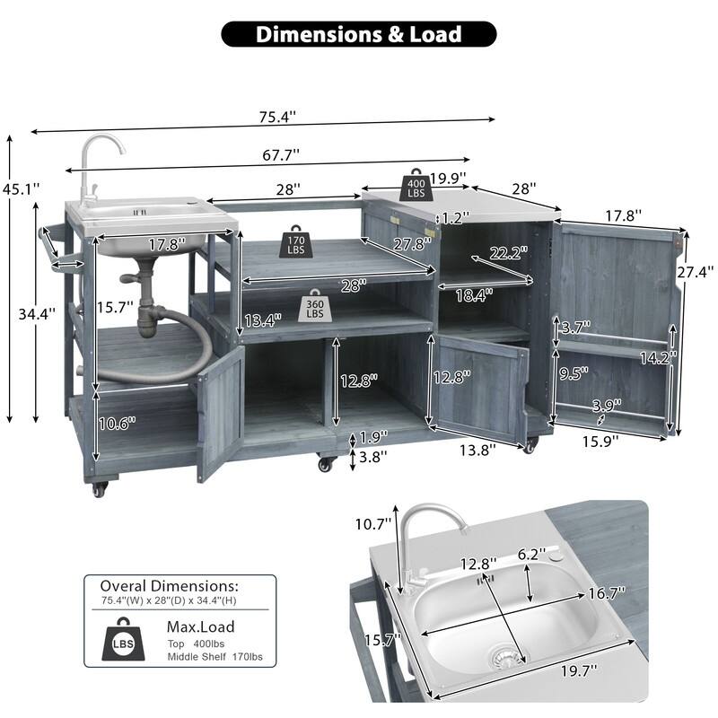 75.4" Rolling Outdoor Kitchen Island with Stainless Steel Top, Premium Solid Wood Grill Cart with Sink and Wheels for Outdoor