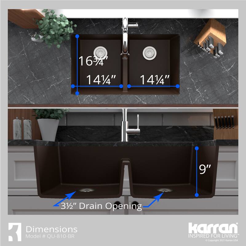 Karran 32" Undermount Double Equal Bowl Quartz Kitchen Sink Kit - 32" x 19.5" x 9"