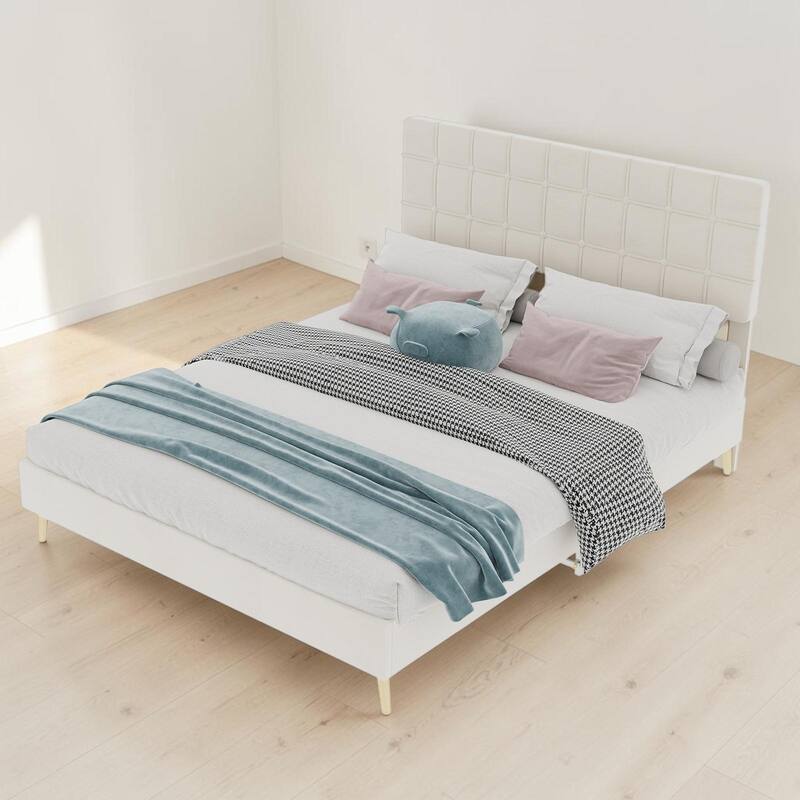 Queen Upholstered Bed Frame with Soft Headboard, Velvet Platform Bed with Wood Legs Modern Design