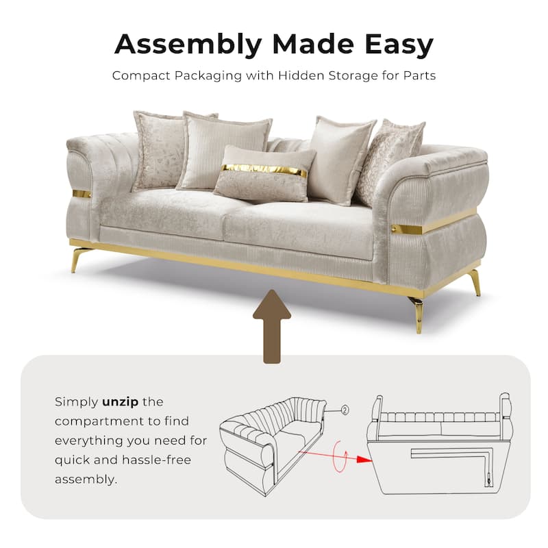 Furniture of America Sawer Glam Beige Upholstered Sofa with Stainless Steel Frame