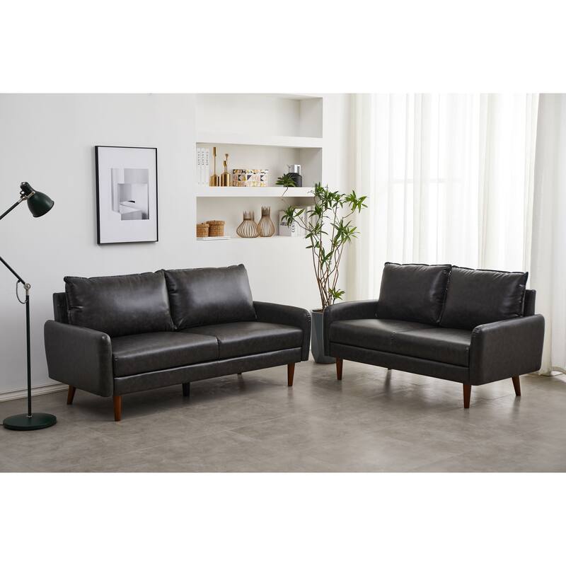 Faux leather 2 Piece Loveseat and Sofa Living Room Set - Grey - 2 Piece