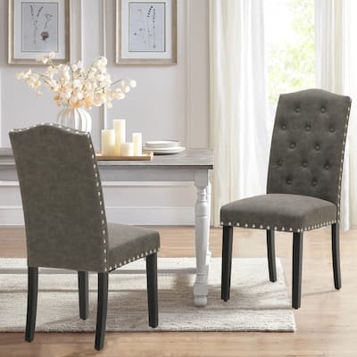 Set of 4 Upholstered Faux Leather/Fabric Dining Room Chairs with High Back and Solid Wood Legs