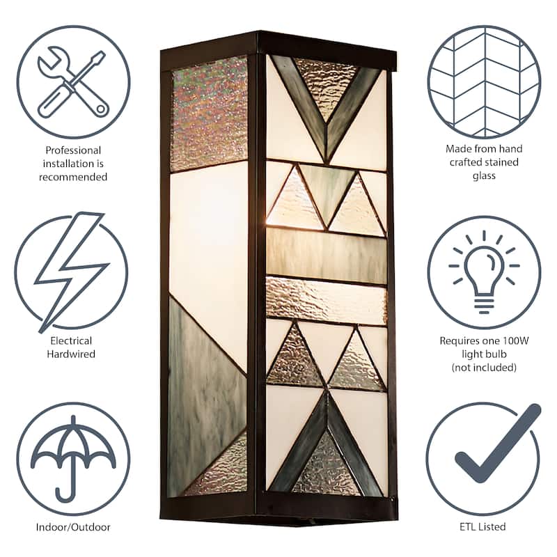 River of Goods Grey Stained Glass and Black Satin Rectangular 1-Light Outdoor Wall Sconce - 6.25" x 5.5" x 16.25"