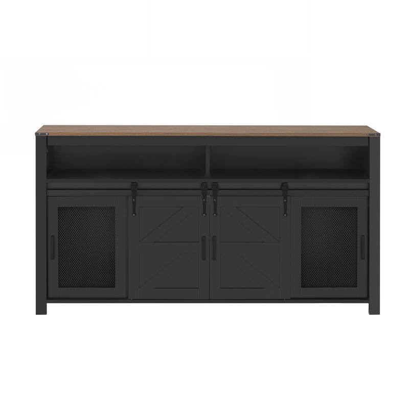Sideboard with Sliding Barn Door and Mesh Panels,Farmhouse Buffet with Open Storage