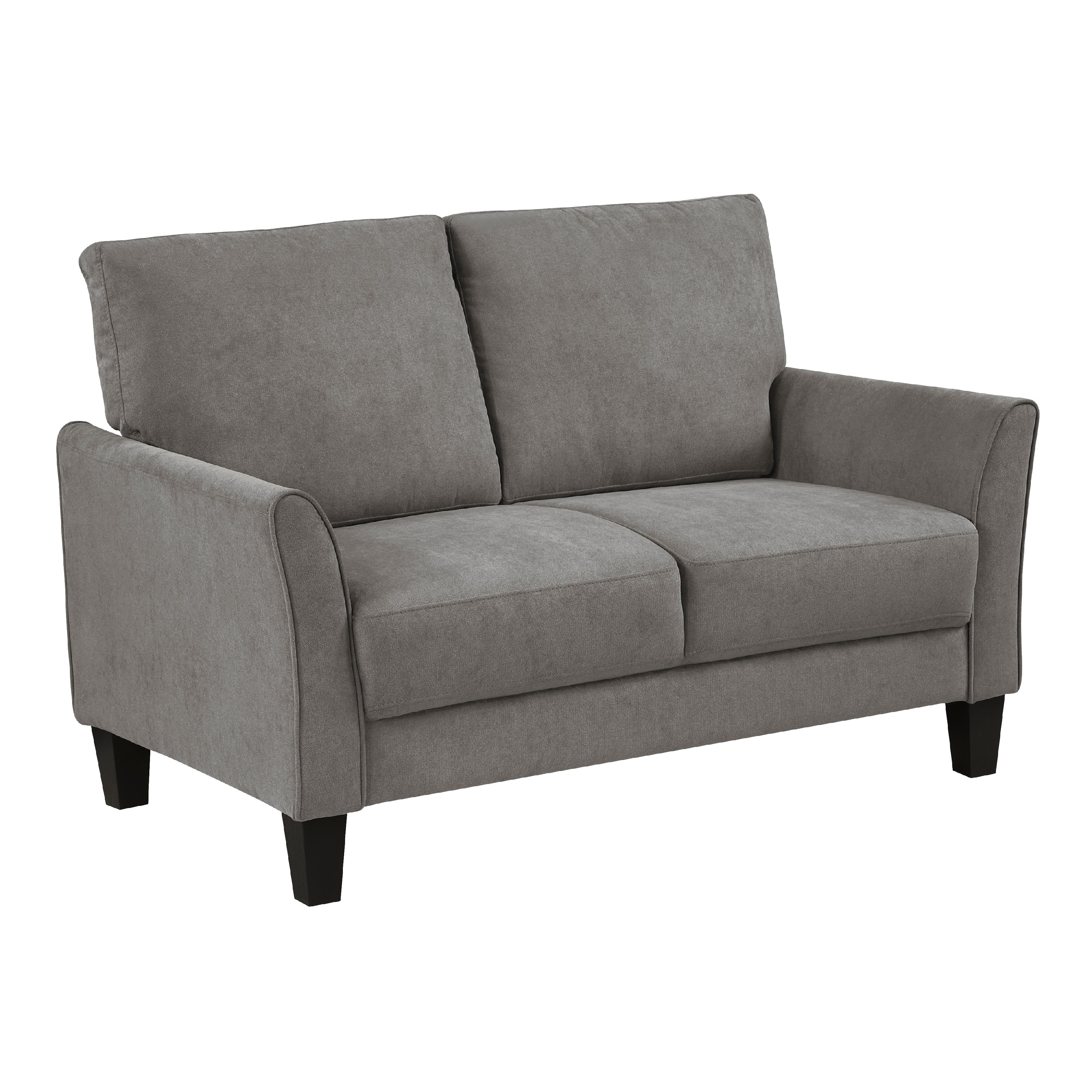 Benjara Xumo Loveseat, Taupe Gray Fabric, 56 Inch, Black Tapered Wood Legs