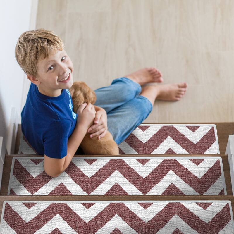 SussexHome Traverse Design 9" X 28" Stair Treads - 70% Cotton Anti-Slip Carpet Strips for Stairs-with Double Adhesive Tape - 4 PACK - Maroon