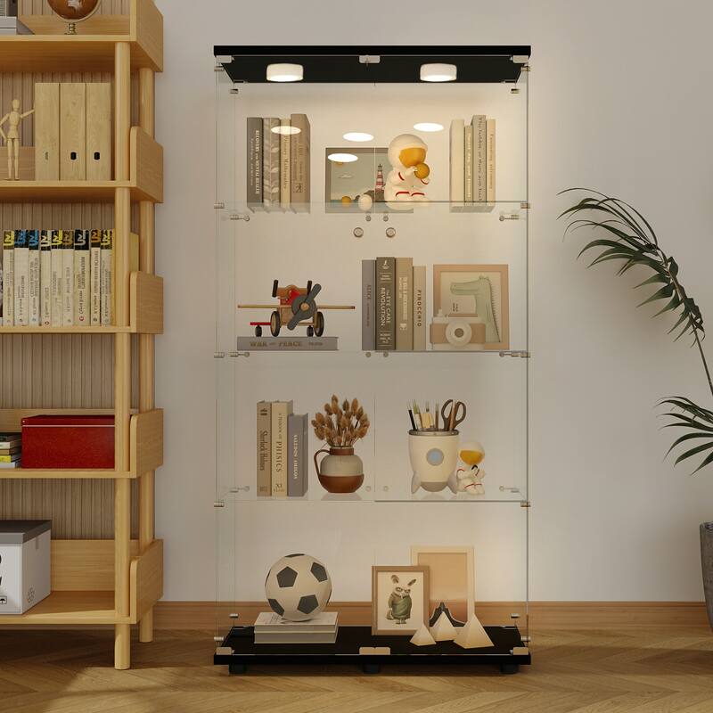 Tempered Glass Display Cabinet w/Multi-Color LED Lights, Door Lock & Adjustable Floor Feet for Flexible Placement