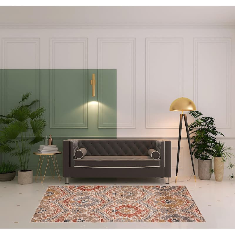 HomeRoots 5' X 8' Ivory Orange And Gray Floral Stain Resistant Area Rug - 6' Round