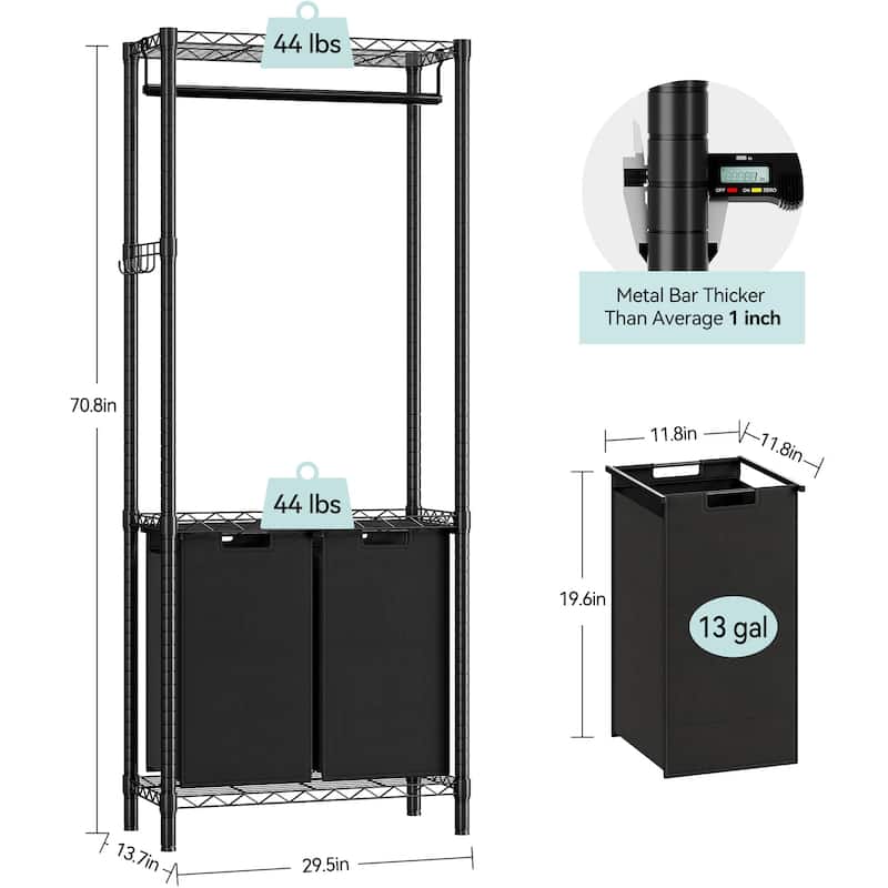 Laundry Hamper Sorter with Garment Rack Hanging Rod and Adjustable Shelf