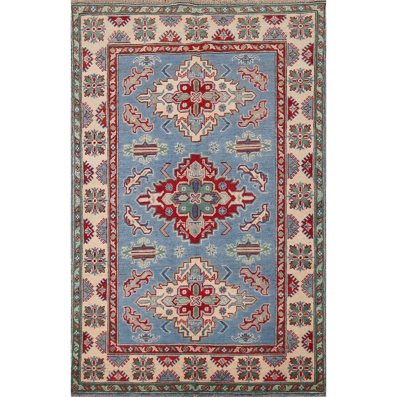 Blue Geometric Kazak Oriental Accent Rug Handmade Wool Carpet - 4'0" x 5'10"