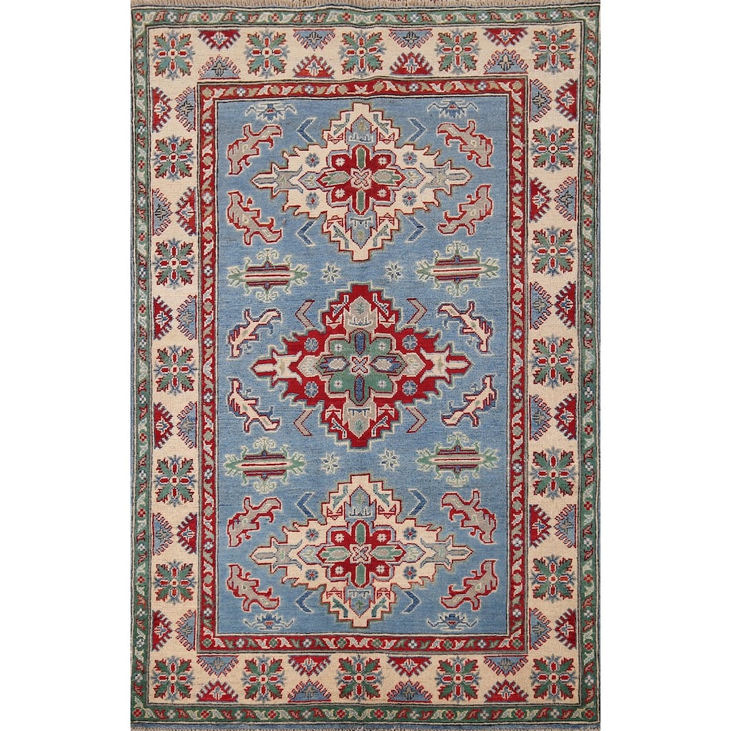 Blue Geometric Kazak Oriental Accent Rug Handmade Wool Carpet - 4'0" x 5'10"