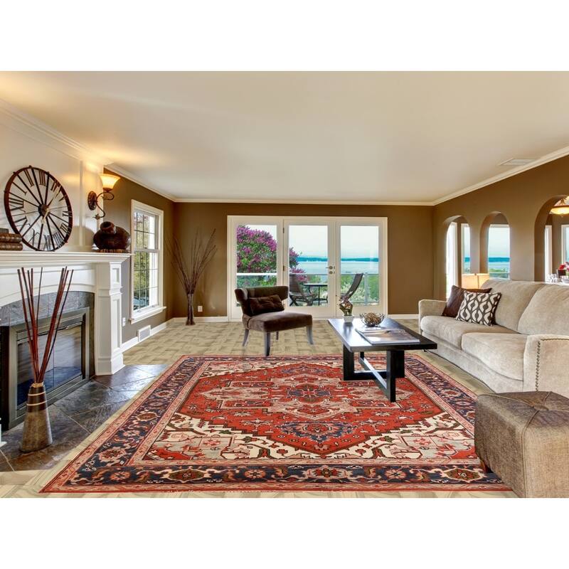 Hand Knotted Oriental 100% Wool Carpet Traditional Medallion Oranges & Rust Heriz (serapi) Area Rug - 11' 10'' X 9' 0''