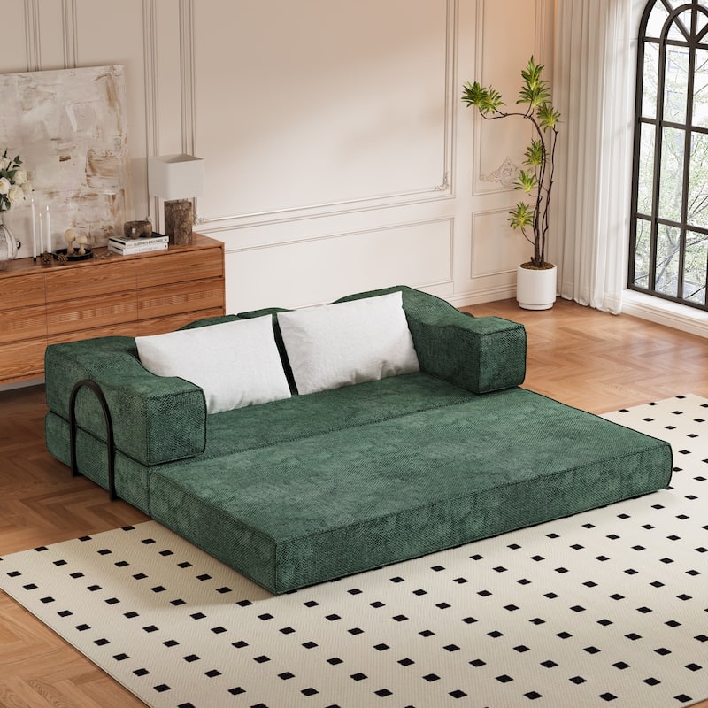 80" Convertible Sofa Bed with 2 Pillows, 2-Seat Folding Floor Couch, Multifunctional Chenille Loveseat Living Room Sleeper Sofa