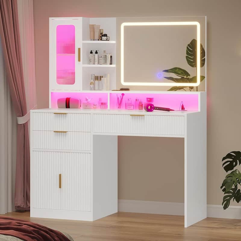 Makeup Vanity Desk Mirror LED Lights Charging Station RGB Lights Drawers Cabinet - Fluted W