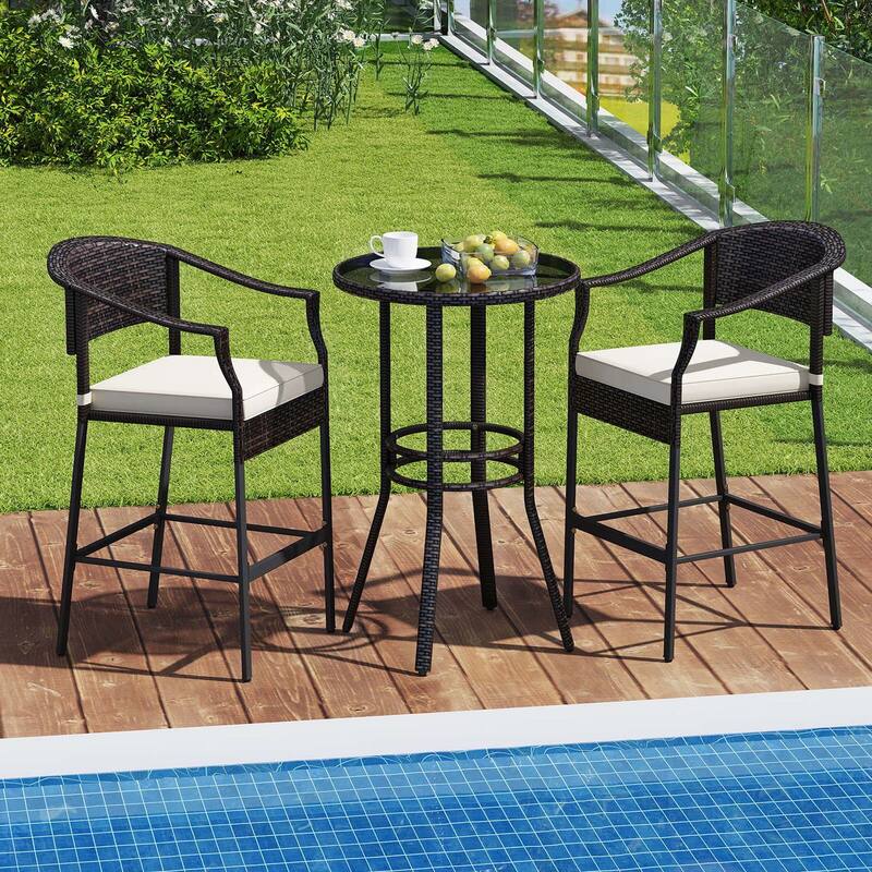 Costway 3 PCS Patio Rattan Bar Set Wicker Armchairs & Round Table with - See Details