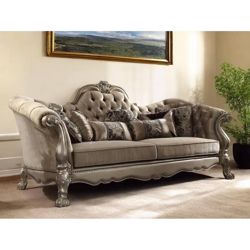 HomeRoots 96" Bone Velvet Sofa And Toss Pillows With Gold Legs - 96
