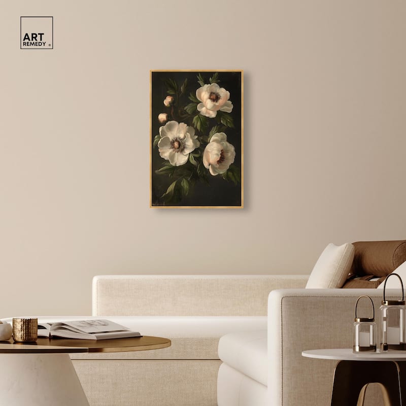 White Peonies in Dark I Canvas by Art Remedy