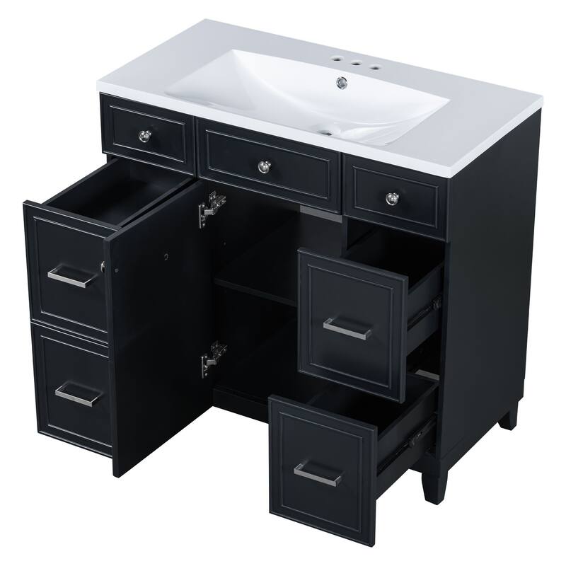 Modern 36-Inch Free-Standing Vanity with Single Sink, Storage Drawers & Adjustable Shelf