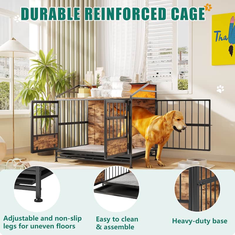 Dog Crates with Storage, Dog Crate Furniture Large Wooden Dog Kennel with Double Doors
