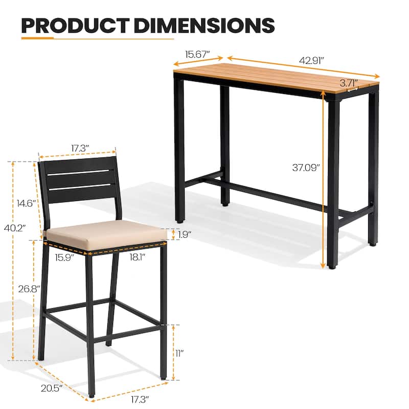 Outdoor Patio Bar Stools Set Rectangle Bar Table and Barstools with Cushion - N/A
