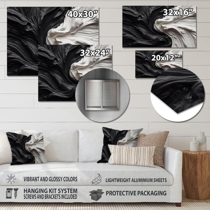 Designart "Black White Marbled Dreamscape V" Modern Geometric Metal Wall Art