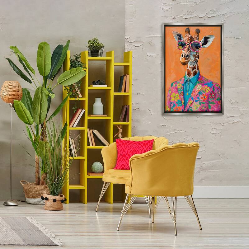 Stupell Bright & Trendy Giraffe in Suit Framed Floater Canvas Wall Art Design By LSR Design Studio